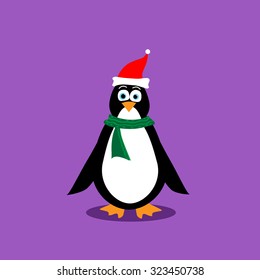 Penguin Wear Santa Red Christmas Hat Flat Vector Illustration