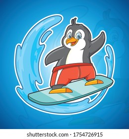 A penguin wear short play surfing with a wave 