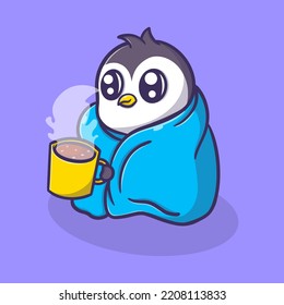 penguin wearing a blanket and holding a cup of coffee cartoon vector icon illustration