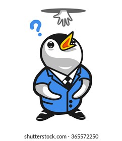  Penguin wearing a businessman suit looking up confused by a hand in the hole above his head. Vector illustration.