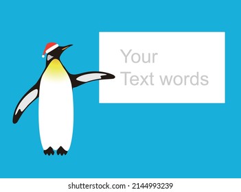 Penguin wearing the Christmas hat, pointing to the blackboard, vector