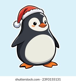 Penguin wearing christmas hat in winter background