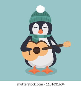 penguin wearing a green hat and scarf with guitar