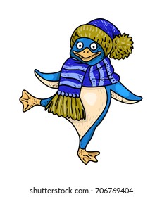 Penguin wearing hat freehand picture. Artistic drawing.