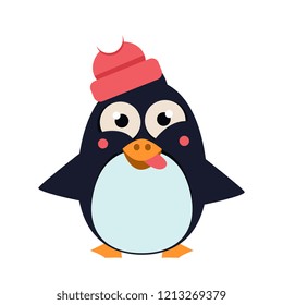 Penguin Wearing Hat Grimacing on Ice. Vector Illustartion