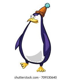 Penguin wearing hat hand drawn image. Original colorful artwork, comic childish style drawing.