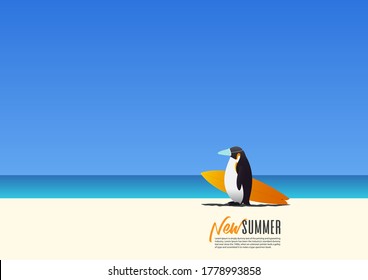 Pingüino usando máscara para seguridad y cargando una bolsa de regalo caminando en la playa durante las nuevas vacaciones de verano. Nuevo viaje normal después del virus Corona o la pandemia de Covid-19.
Fondo de degradado azul. Vector.