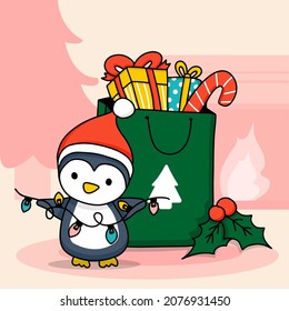 Penguin wearing red hat holding a decorative light bulb, and green shopping bag with present box and candy cane, blurred christmas tree and fireplace background, cartoon character, vector illustration