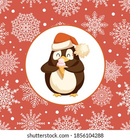 Penguin wearing Santa Claus hat eating ice cream vector. Snowing weather, snowflakes with ornaments ice ornamental decor. Animal with dessert in hands