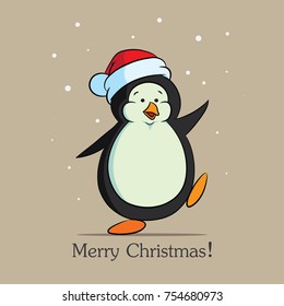 Penguin wearing a Santa Claus hat. Childish cartoon design for kid t-shirts, dress or greeting cards. Vector illustration.