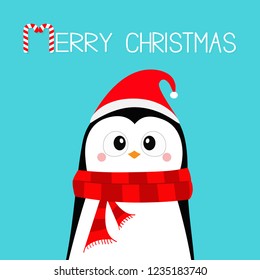 Penguin wearing Santa Claus red hat and scarf. Merry Christmas. Happy New Year. Cute cartoon kawaii baby character. Arctic animal. Flat design. Hello winter. Blue background. Vector illustration