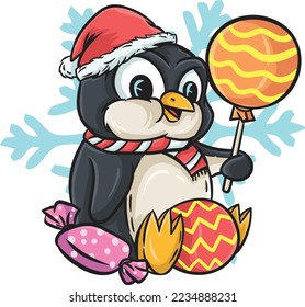 penguin wearing santa hat bringing candy gifts in cold christmas season