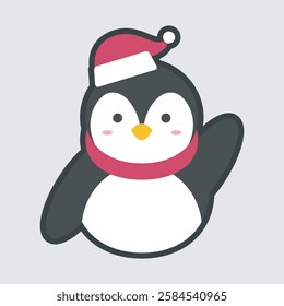 penguin wearing santa hat and red scarf in outline flat vector design.