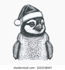 Penguin Wearing Santa Hat Vector Tshirt Design Logo Illustration