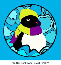 Penguin wearing scarf and  hat inside circle with winter abstract art background