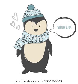 Penguin wearing scarf and hat isolated on white background vector illustration. Cute penguin in winter will lok great on postcard.