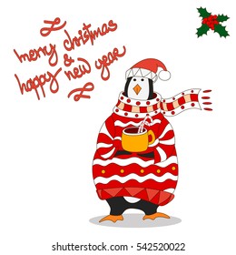 penguin wearing scarf and pullover Christmas hat. vector penguin with hot drink