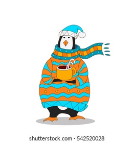 penguin wearing scarf and pullover Christmas hat. vector penguin with hot drink