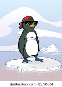 Penguin wearing sunglasses and hat standing on ice