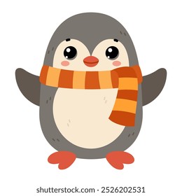 Penguin wearing warm scarf. Сute winter forest animal, isolated on white background. Flat vector illustration. Winter and autumn design, cold weather emoticon sticker.