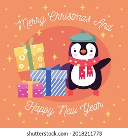 Penguin wears hats and scarf standing side by side with Christmas gifts, and star and circle dots ornament around them