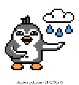 Penguin weatherman, cloudy and rainy weather forecast, pixel art animal character isolated on white background. Old school retro 80s, 90s 8 bit slot machine, video game graphics. Cartoon autumn mascot