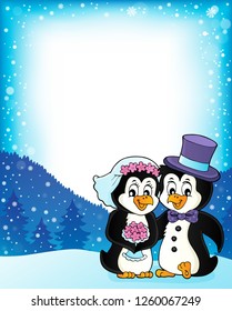 Quadro tema de casamento pinguim 1 - eps10 ilustração vetor.