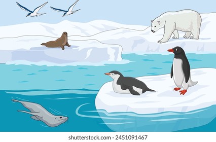 Penguin, whale, walrus, sea gull and polar bear