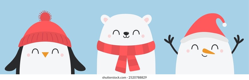 Penguin, white bear, snowman head face. Red hat, scarf. Merry Christmas. Happy New Year. Cute cartoon kawaii funny baby character. Arctic animal. Flat design. Hello winter. Blue background. Vector