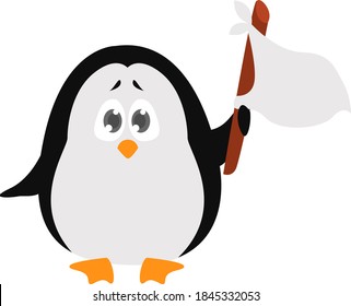 Penguin with a white flag, illustration, vector on white background