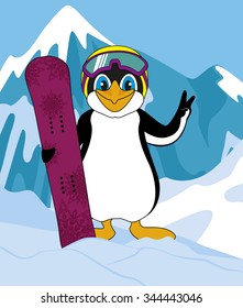 penguin winner with snowboard mountains in the background