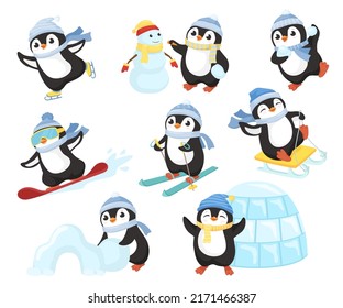 Pingüino en actividades de invierno. Los lindos personajes de los pingüinos de dibujos animados juegan a la diversión, hacen que los hombres de nieve, el patinaje y el esquí sean conjuntos vectores. Ilustración del animal de pingüino de invierno, pájaro en la nieve, bebé gracioso