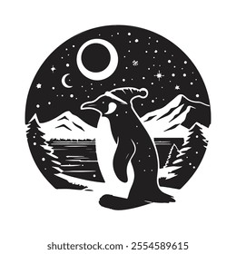 Penguin with Winter background silhouette vector with white background