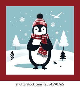 Penguin with Winter background silhouette vector with white background