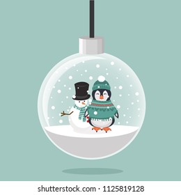 Penguin in winter clothes and Snowman with christmas ball