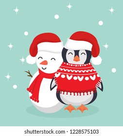 Penguin in winter clothes with Snowman vector