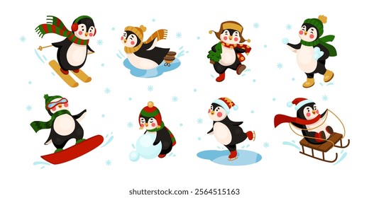 Penguin winter games. Cartoon character on ski or skateboard. Antarctic bird riding on sled. Mountain downhill skiers. Happy kids. Xmas outdoor playing. Animal making snowman. Snow sports vector set