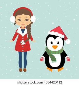penguin and winter girl