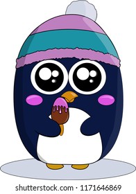 Penguin in winter hat with ice cream.