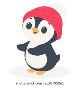 Penguin in a winter hat. Vector isolated illustration