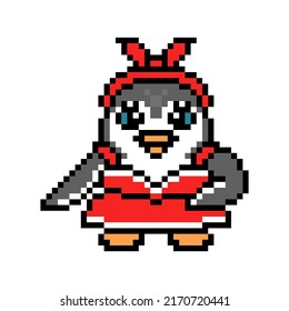 Penguin Woman In 40s Pin-up Style Dress And Headband, Pixel Art Animal Character Isolated On White Background. Old School Retro 80s, 90s 8 Bit Slot Machine, Video Game Graphics. Cartoon Girl Mascot.