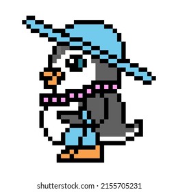 Penguin woman in a hat carrying a purse, pixel art animal character isolated on white background. Old school retro 80's, 90's 8 bit slot machine, computer, video game graphics. Cartoon bird mascot.