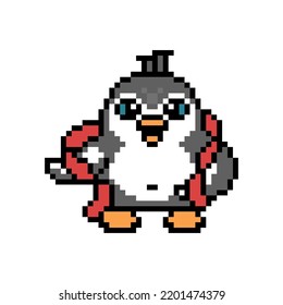 Penguin wrapped in sausage string, pixel art animal character isolated on white background. Old school retro 80's-90's 8 bit slot machine, 2d video game graphics. Cartoon butcher shop mascot.