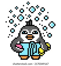 Penguin wrapped in a towel holding a bar soap and sponge after taking a bath or a shower with bubbles around, pixel art animal character on white.Retro 80s-90s 8 bit slot machine, video game graphics.