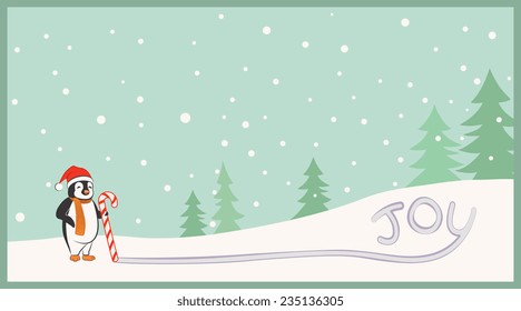 Penguin writing on the snow with a candy cane with space for text.  EPS10