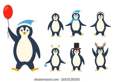 Penguin Xmas character. Adorable winter bird with scarf and santa hat in cartoon style. Festive vector design for merry holiday greeting and cheerful new year celebration. Isolated colorful icon.

