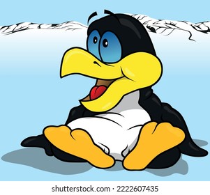 Penguin with Yellow Beak and Blue Eyes Sitting on the Ground - Cartoon Illustration with Background, Vector