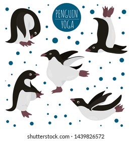 Penguin yoga poses and exercises. Cute cartoon clipart set. Vector illustration