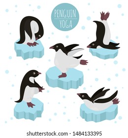 Penguin yoga poses and exercises. Cute cartoon clipart set. Vector illustration