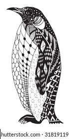 Penguin zentangle stylized, vector, illustration, freehand pencil, hand drawn, pattern